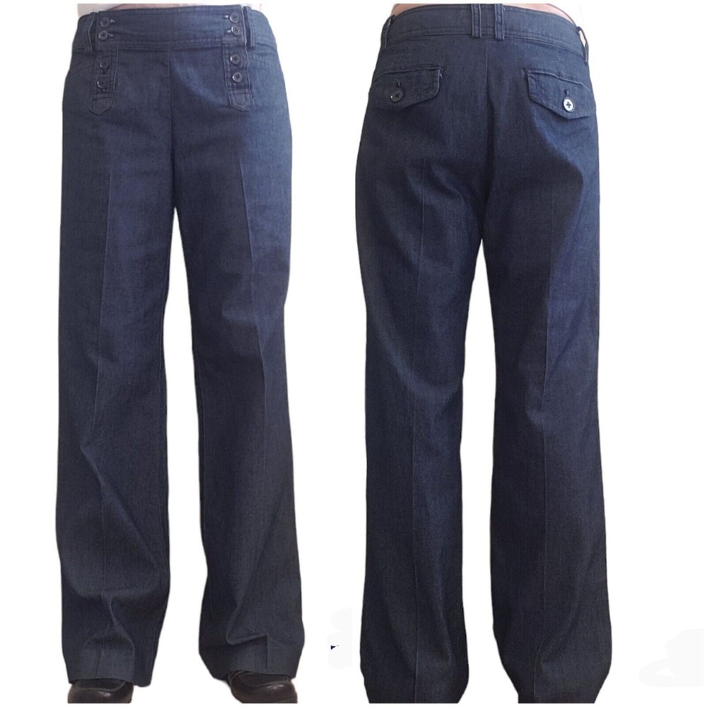 ND New Directions Wide Leg Midrise Stretch Dark Denim Jeans Sz 6 Flank Buttons